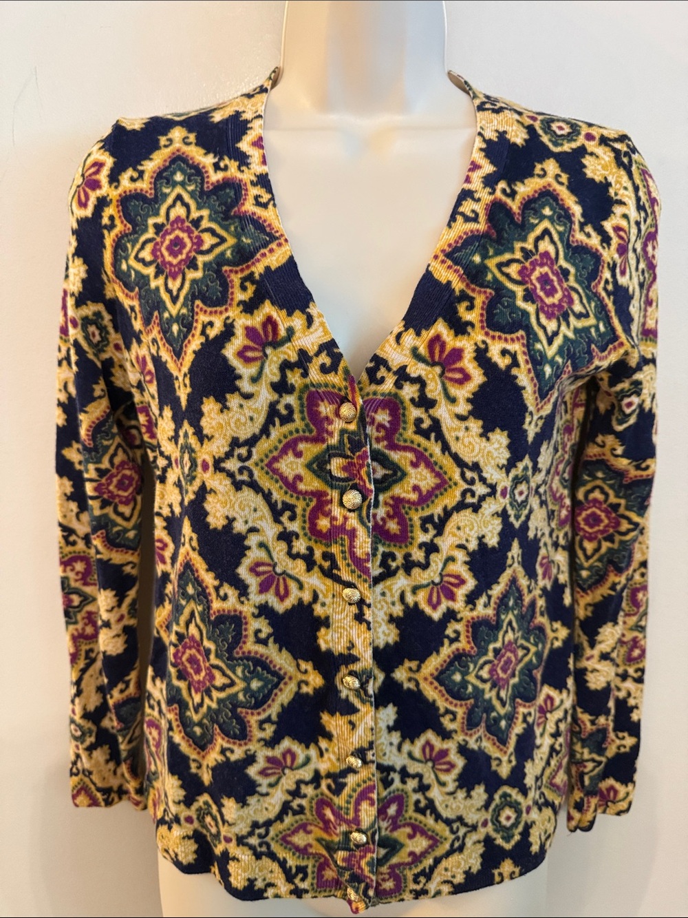 Talbots Navy Multi Patterned V-Neck Gold Button Merino Wool Cardigan Size Small